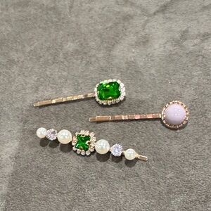 Green Crystal & Pearl Decorative Hair Pin Set - Women's Hair Accessories